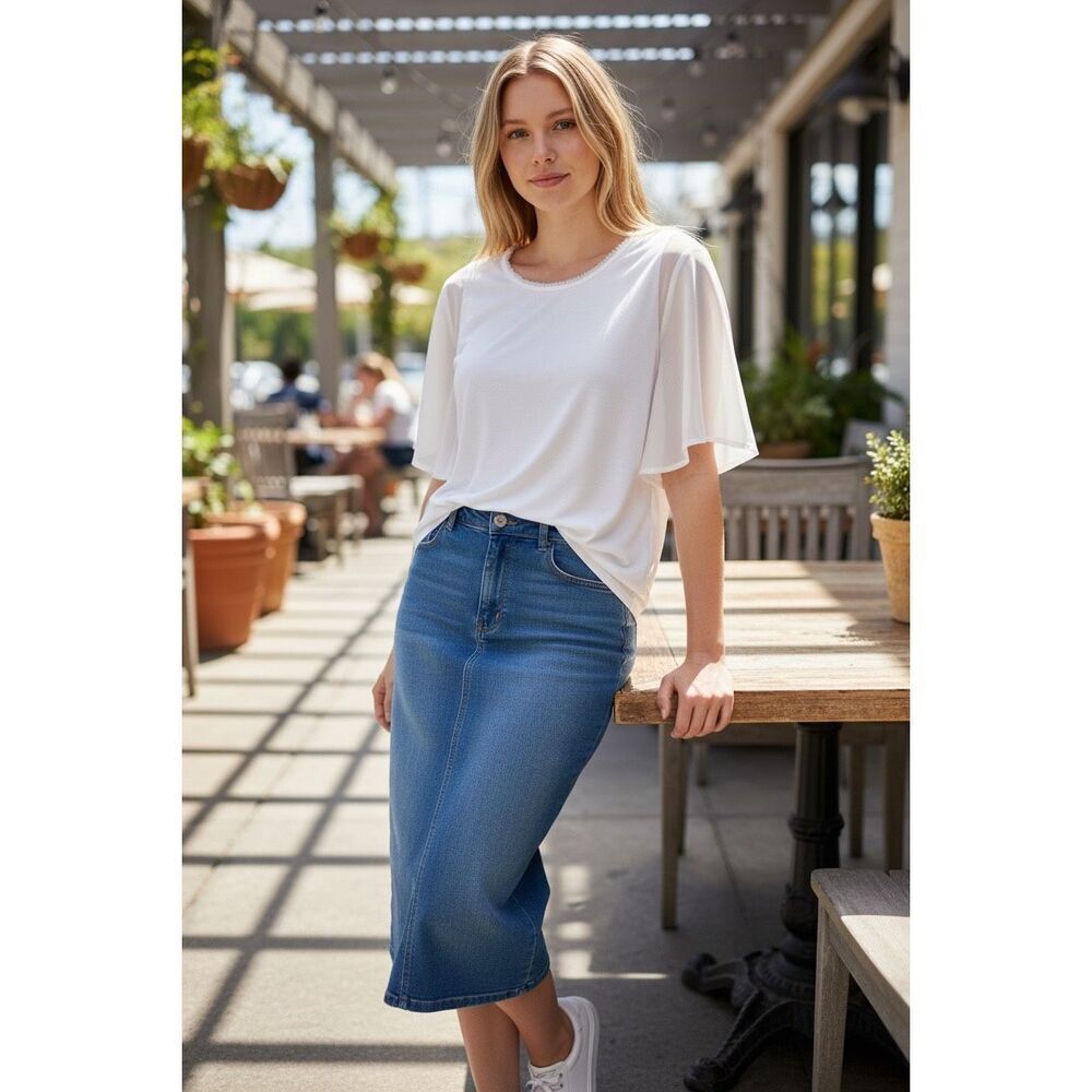 Rachel Roy Basic White Blouse Tee T-shirt size S scoop neck batwing crepe chiffo